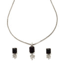 Rhodium-Plated Navy Blue American Diamond Studded Square & Leaf Shaped Pendant with Earrings Jewellery Set