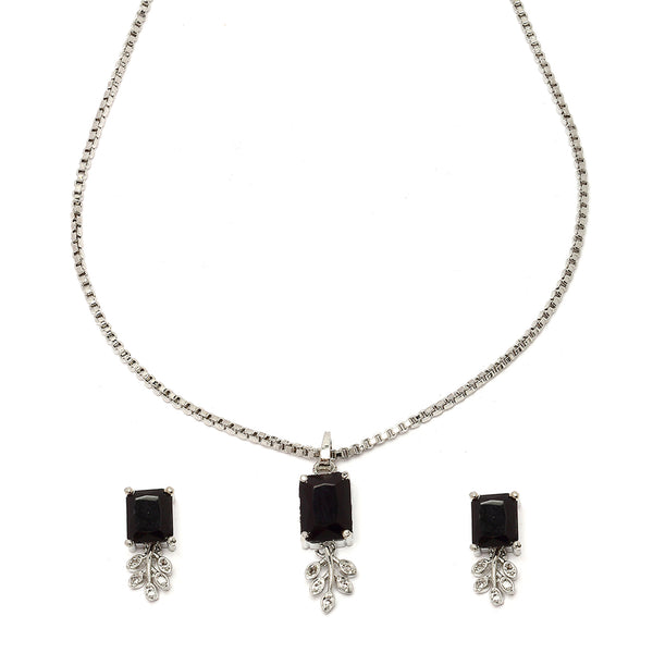 Rhodium-Plated Navy Blue American Diamond Studded Square & Leaf Shaped Pendant with Earrings Jewellery Set