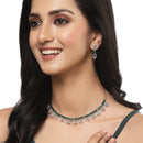 Rhodium-Plated Silver Toned Rectangle Green American Diamond Studded Necklace Earrings Jewellery Set