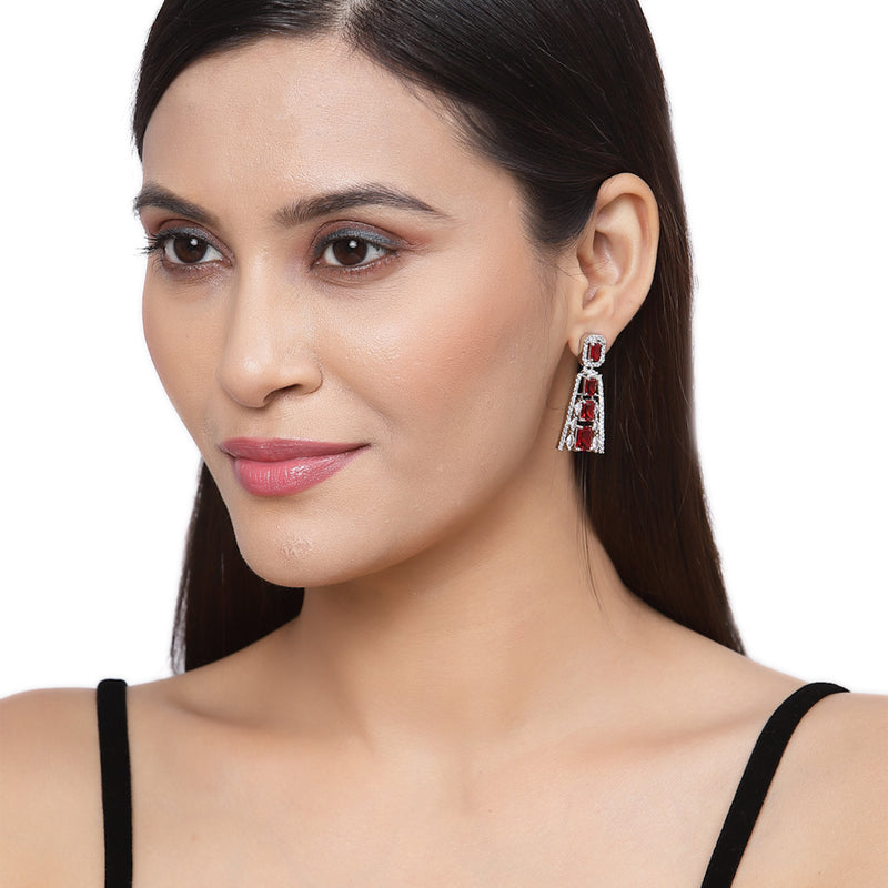 Rhodium-Plated Red American Diamond studded Contemporary Drop Earrings