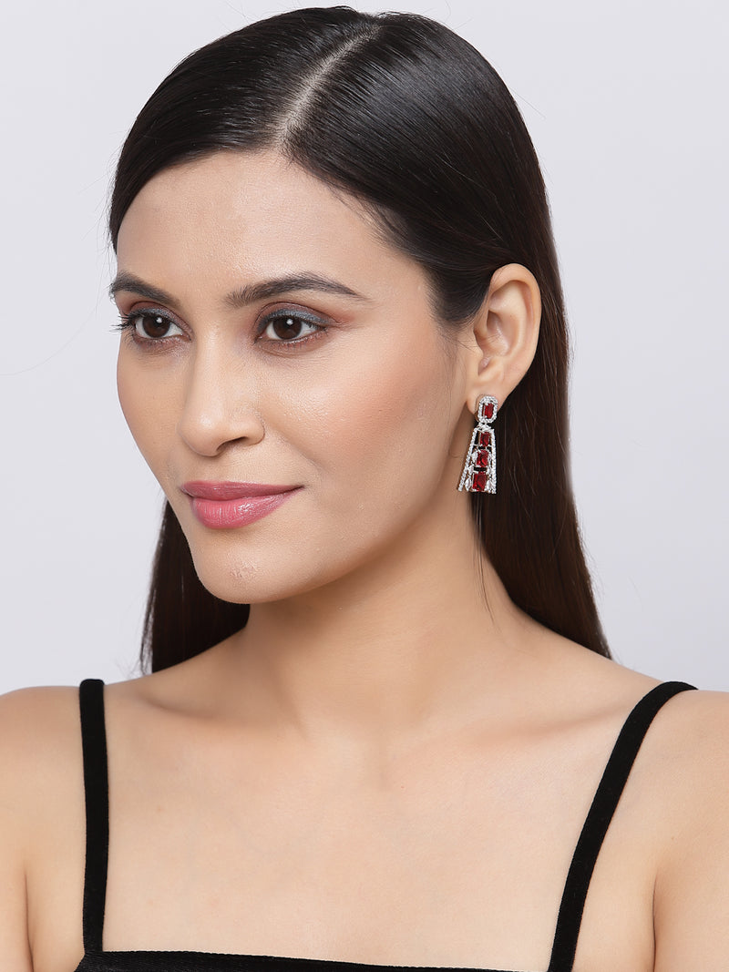 Rhodium-Plated Red American Diamond studded Contemporary Drop Earrings