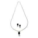 Rhodium-Plated Navy Blue American Diamond Studded Square & Leaf Shaped Pendant with Earrings Jewellery Set