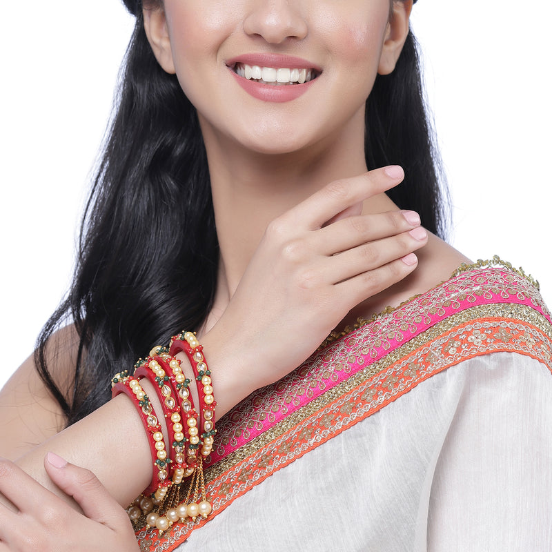 Set Of 4 Gold-Plated Champagne Pearl Tassel Handcrafted Non Allergic Bangles