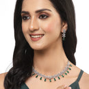 Rhodium-Plated Silver Toned Teardrop Green American Diamond Studded Necklace Earrings Jewellery Set