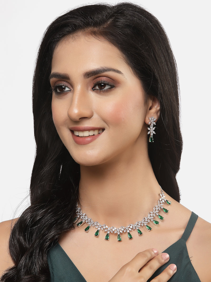 Rhodium-Plated Silver Toned Teardrop Green American Diamond Studded Necklace Earrings Jewellery Set