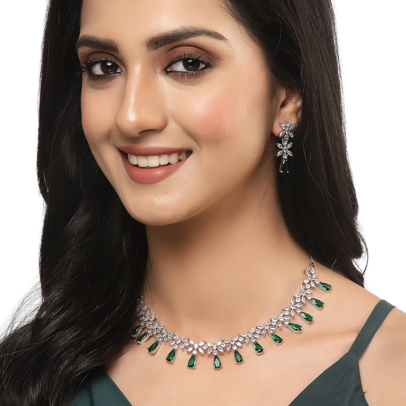 Rhodium-Plated Silver Toned Teardrop Green American Diamond Studded Necklace Earrings Jewellery Set