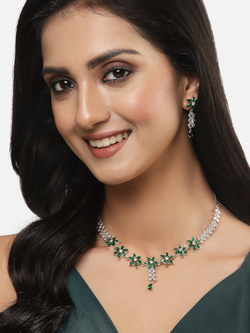 Rhodium-Plated Silver Toned Star Green American Diamond Studded Necklace Earrings Jewellery Set