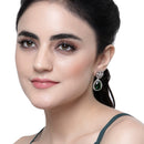 Rhodium Plated Teardrop Green American Diamond Contemporary Drop Earrings
