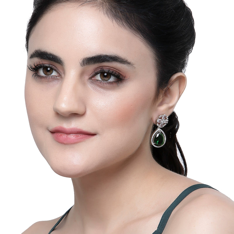 Rhodium-Plated Green & White American Diamond studded Teardrop & Floral Shaped Drop Earrings