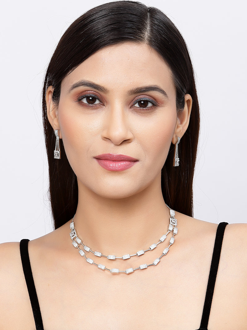 Rhodium-Plated White American Diamond Studded Charismatic Necklace with Earrings Jewellery Set