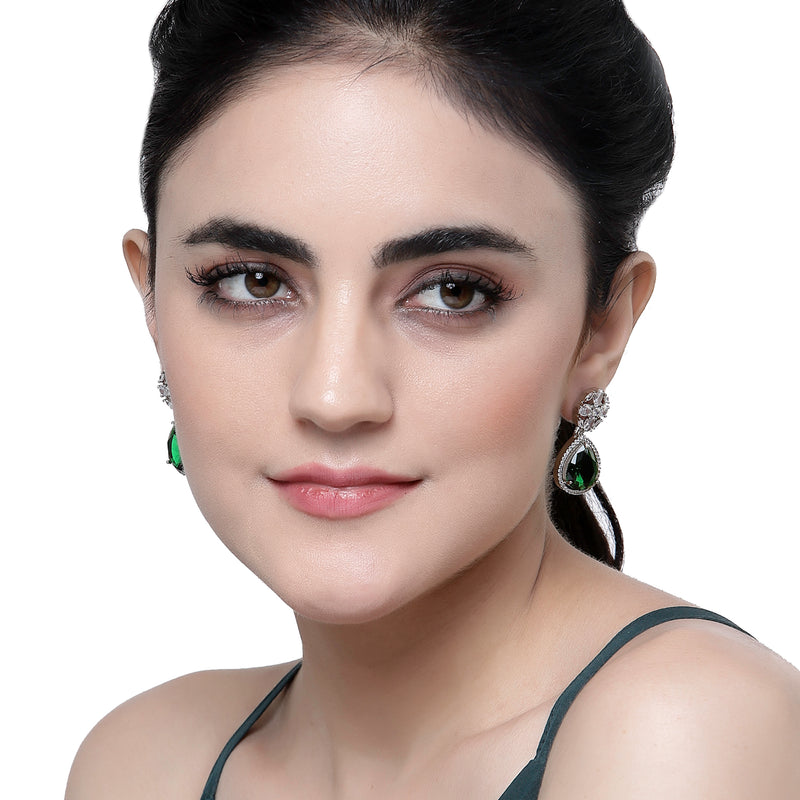 Rhodium-Plated Green & White American Diamond studded Teardrop & Floral Shaped Drop Earrings