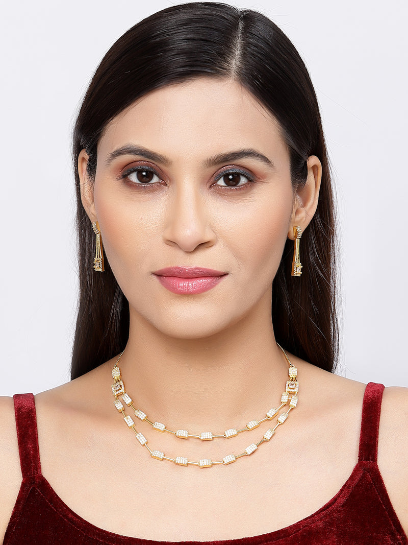 Gold-Plated White American Diamond Studded Charismatic Necklace with Earrings Jewellery Set