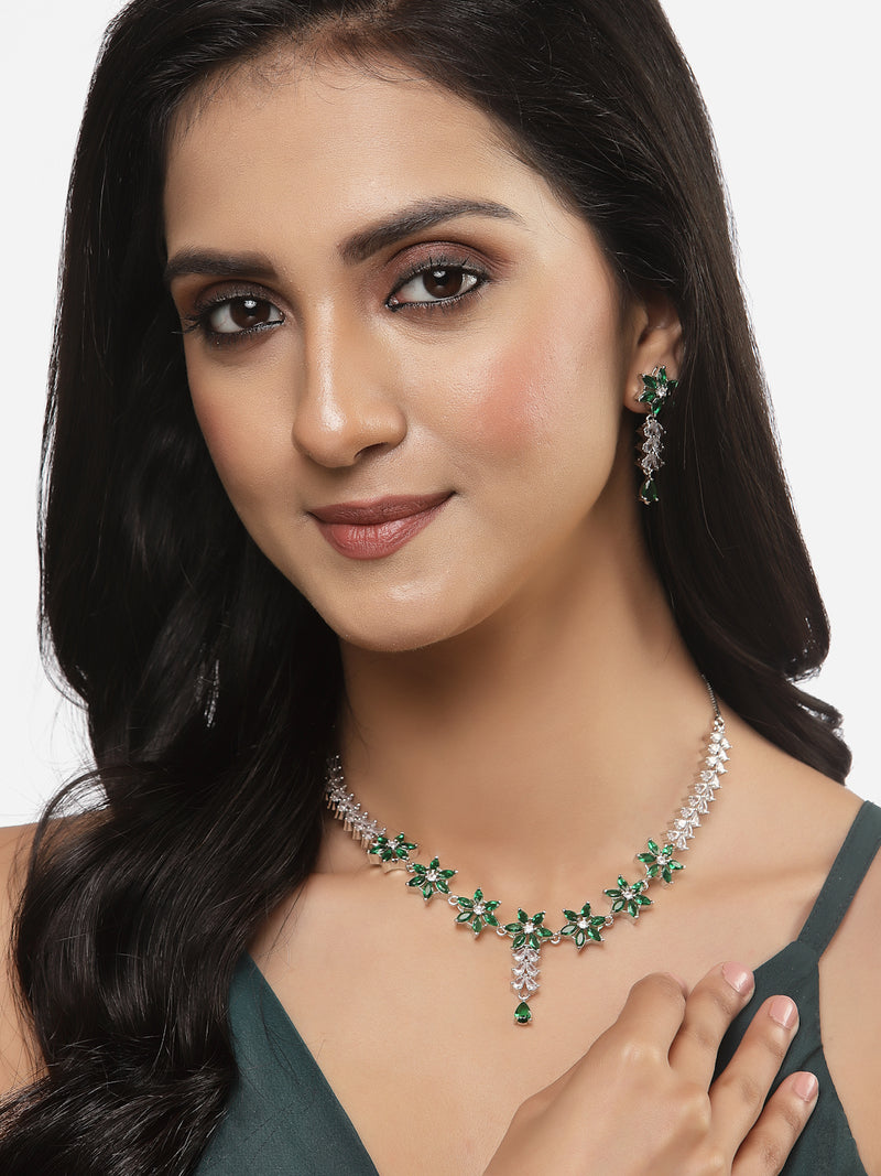 Rhodium-Plated Silver Toned Star Green American Diamond Studded Necklace Earrings Jewellery Set