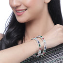 Set Of 2 Rhodium-Plated Silver Toned Multi-Colour Square American Diamond studded Jadau Bangles