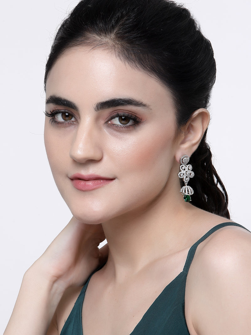 Rhodium-Plated Green American Diamond studded Dome & Teardrop Shaped Jhumka Earrings