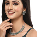 Oxidised Silver-Plated Green American Diamond & White Pearl Studded Necklace Earrings Jewellery Set