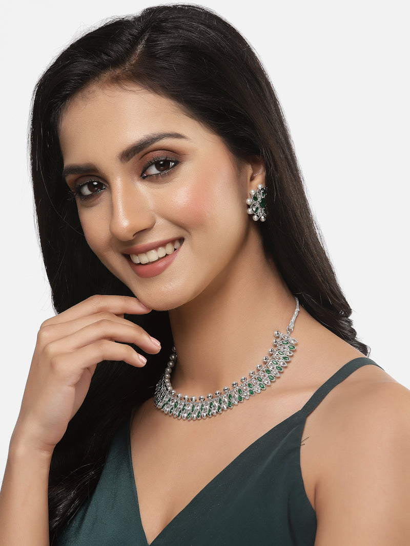 Oxidised Silver-Plated Green American Diamond & White Pearl Studded Necklace Earrings Jewellery Set