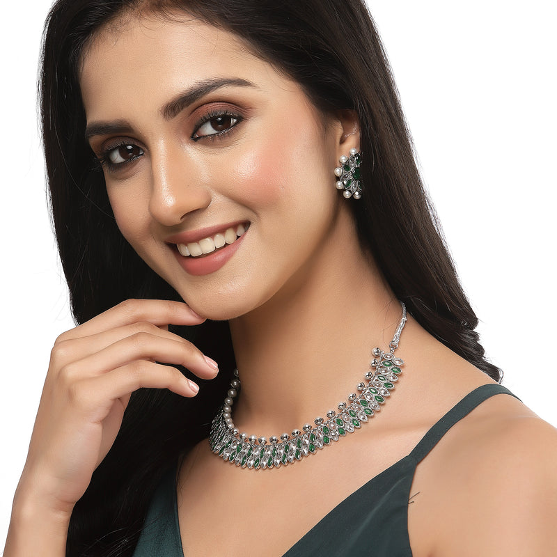 Oxidised Silver-Plated Green American Diamond & White Pearl Studded Necklace Earrings Jewellery Set