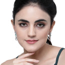 Rhodium-Plated Sea Green American Diamond studded Floral Shaped Drop Earrings