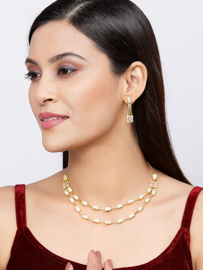 Gold-Plated White American Diamond Studded Charismatic Necklace with Earrings Jewellery Set