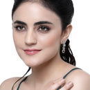 Rhodium-Plated Sea Green American Diamond studded Floral Shaped Drop Earrings