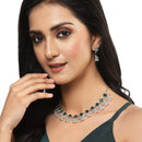 Rhodium-Plated Silver Toned Teardrop Green American Diamond Studded Necklace Earrings Jewellery Set