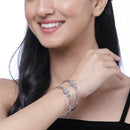 Rhodium Plated Silver Toned Textured Bead Bangle Bracelets (Set Of 2)