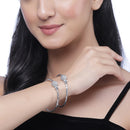 Rhodium Plated Silver Toned Textured Bead Bangle Bracelets (Set Of 2)