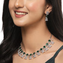 Rhodium-Plated Silver Toned Teardrop Green American Diamond Studded Necklace Earrings Jewellery Set