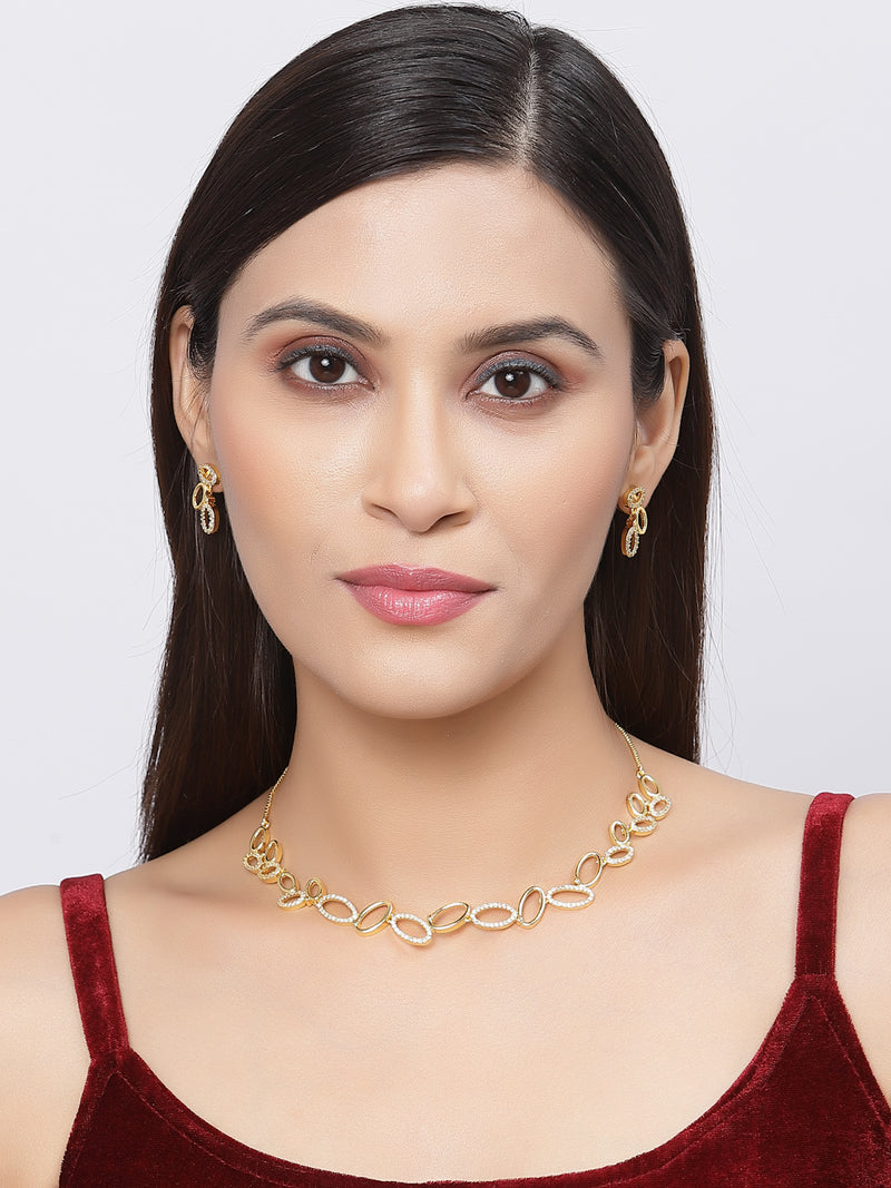 Gold-Plated White American Diamond Studded Oval Shaped Necklace with Earrings Jewellery Set