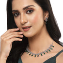 Rhodium-Plated Silver Toned Teardrop & Flower Green AD Studded Necklace with Earrings Jewellery Set