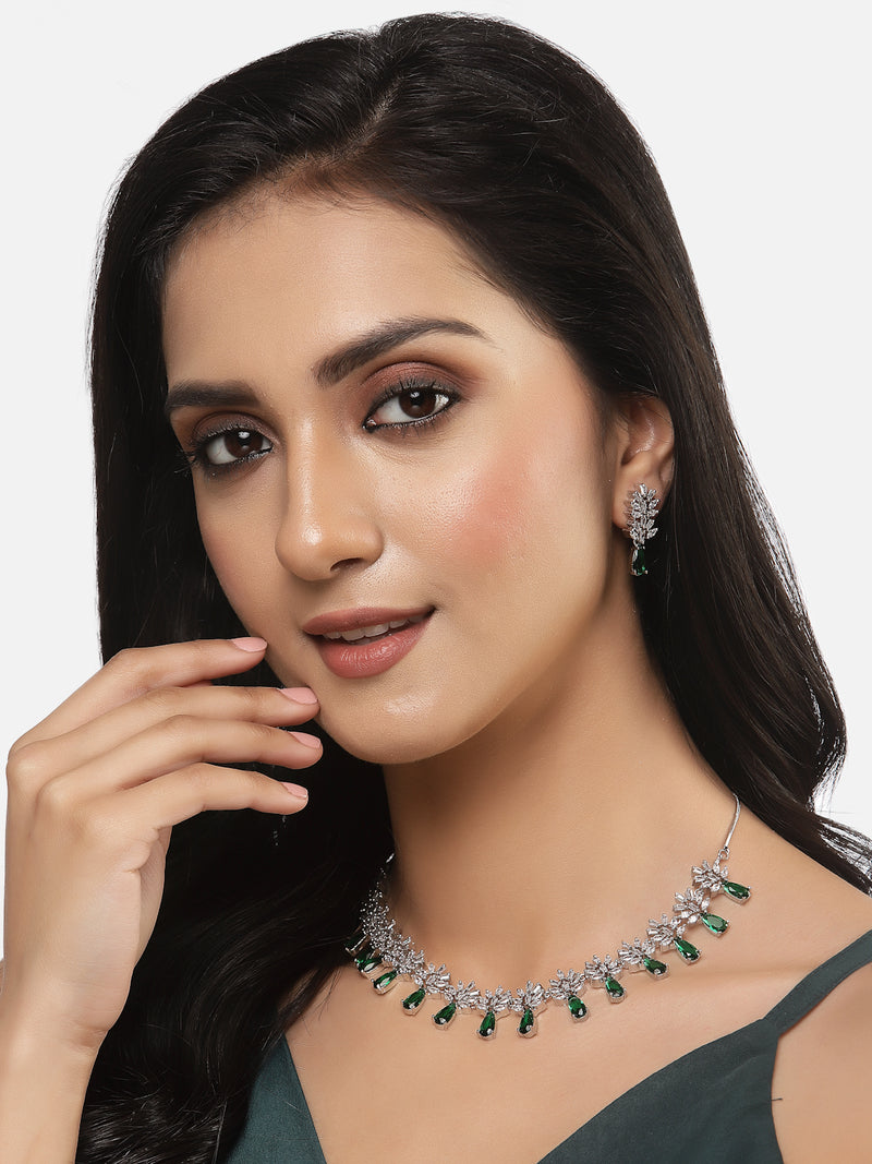 Rhodium-Plated Silver Toned Teardrop & Flower Green AD Studded Necklace with Earrings Jewellery Set