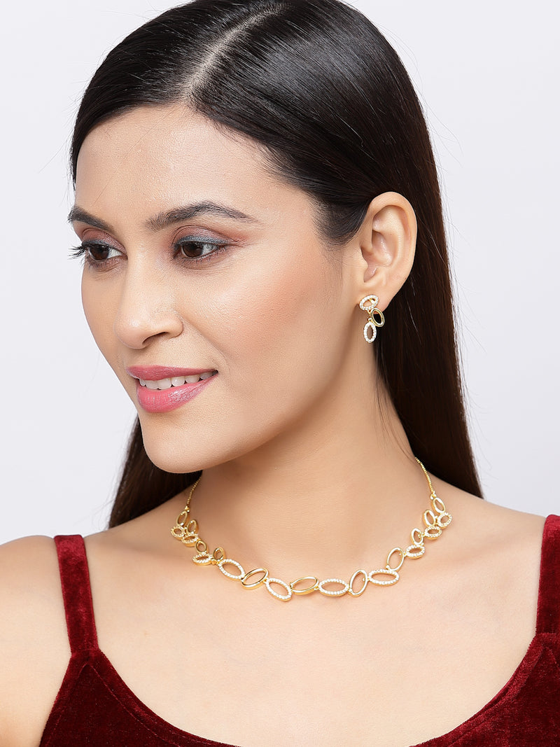 Gold-Plated White American Diamond Studded Oval Shaped Necklace with Earrings Jewellery Set