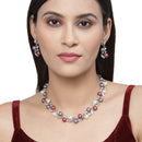 Silver-Plated Red & White Artificial Stones Studded Leafy Shaped Necklace with Earrings Jewellery Set