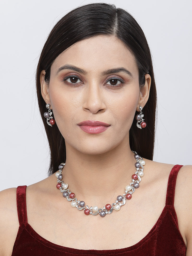 Silver-Plated Red & White Artificial Stones Studded Leafy Shaped Necklace with Earrings Jewellery Set