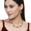 Silver-Plated Red & White Artificial Stones Studded Leafy Shaped Necklace with Earrings Jewellery Set