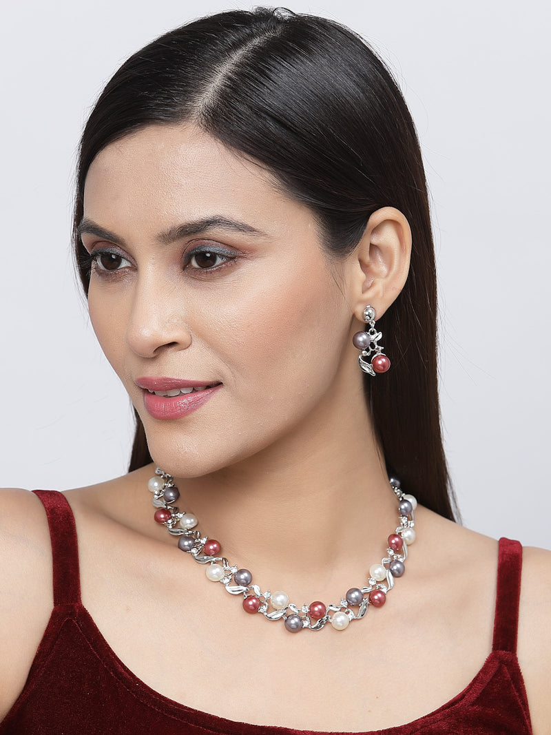 Silver-Plated Red & White Artificial Stones Studded Leafy Shaped Necklace with Earrings Jewellery Set