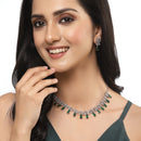 Rhodium-Plated Silver Toned Teardrop & Flower Green AD Studded Necklace with Earrings Jewellery Set
