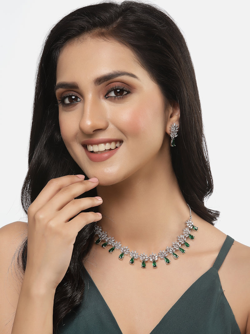 Rhodium-Plated Silver Toned Teardrop & Flower Green AD Studded Necklace with Earrings Jewellery Set