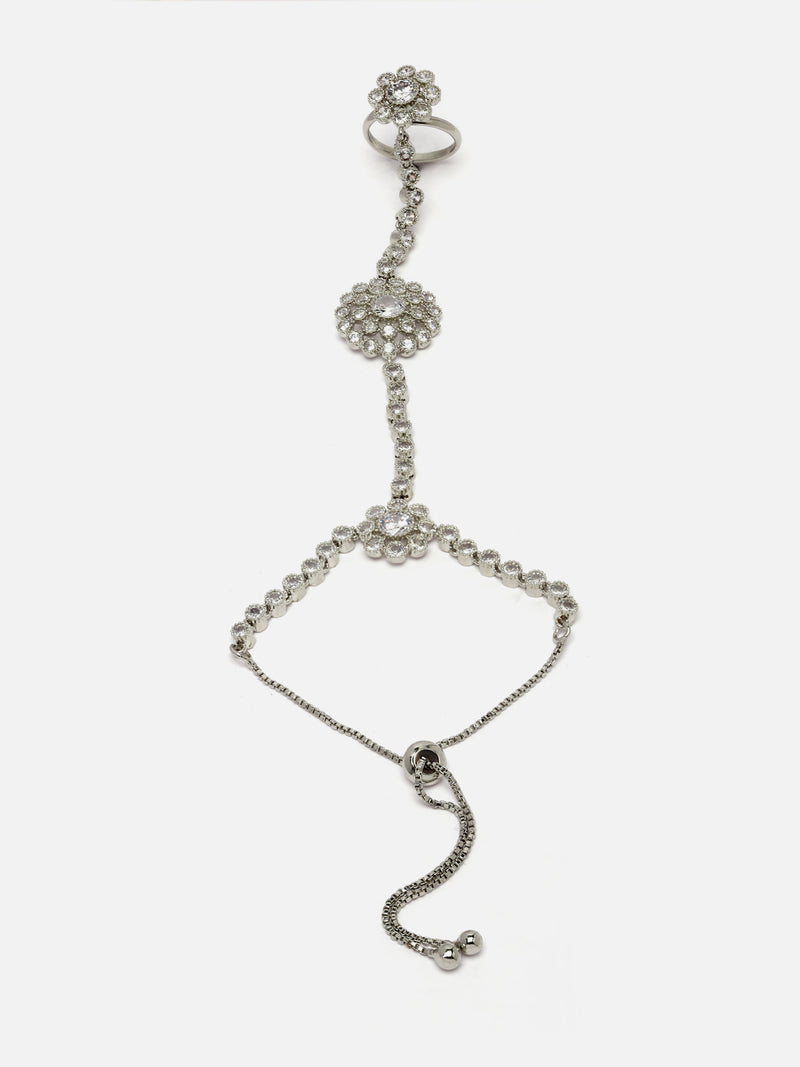 Silver-Plated White American Diamond Studded Flower Graceful Hand Chain Ring Bracelet