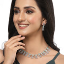 Rhodium-Plated Silver Toned Teardrop Sea Green American Diamond Studded Necklace Earrings Jewellery Set