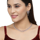 Rhodium-Plated Red American Diamond Studded Leaf Shaped Necklace with Earrings Jewellery Set