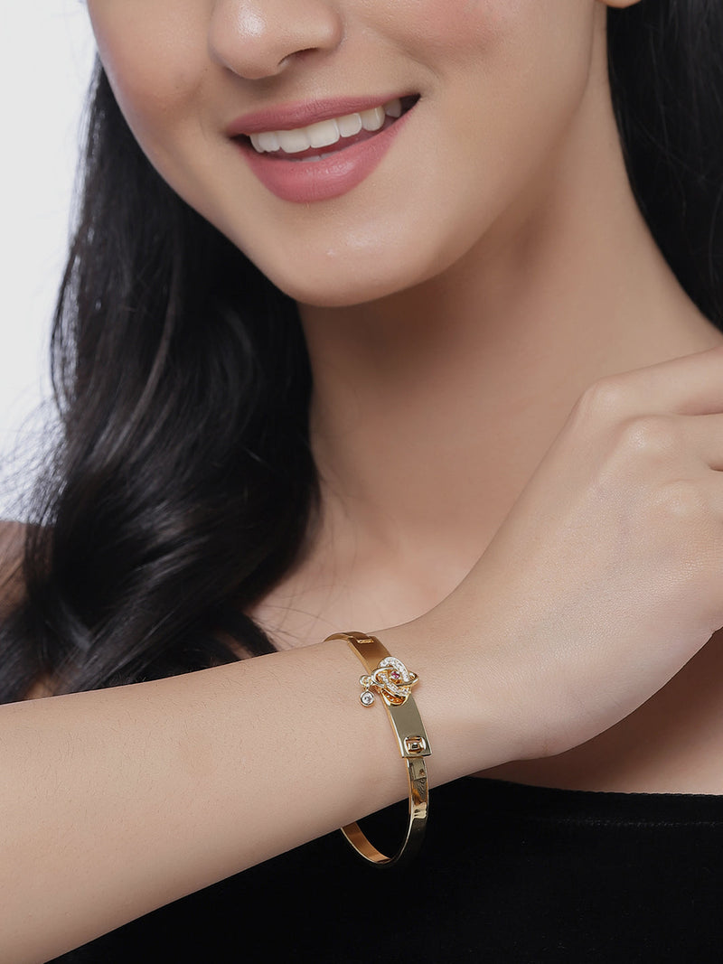 Gold Plated Minimal Design Drop CZ Studded Cuff Bracelet Set Of 2