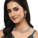 Rhodium-Plated Silver Toned Teardrop Sea Green American Diamond Studded Necklace Earrings Jewellery Set