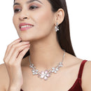 Rhodium-Plated Pink American Diamonds Studded Flower Necklace & Earrings Jewellery Set