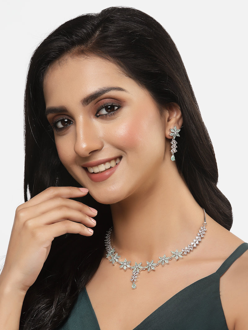 Rhodium-Plated Silver Toned Star Sea Green American Diamond Studded Necklace Earrings Jewellery Set