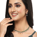 Rhodium-Plated Silver Toned Rectangle Green American Diamond Studded Necklace Earrings Jewellery Set