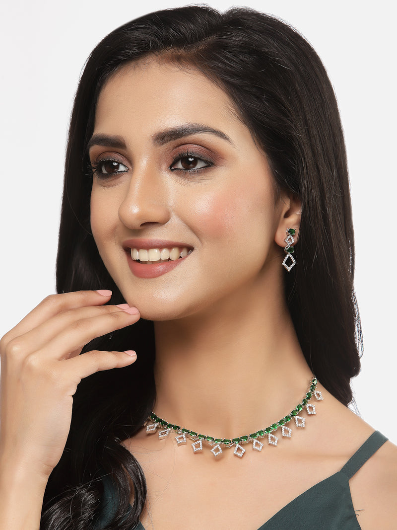 Rhodium-Plated Silver Toned Rectangle Green American Diamond Studded Necklace Earrings Jewellery Set