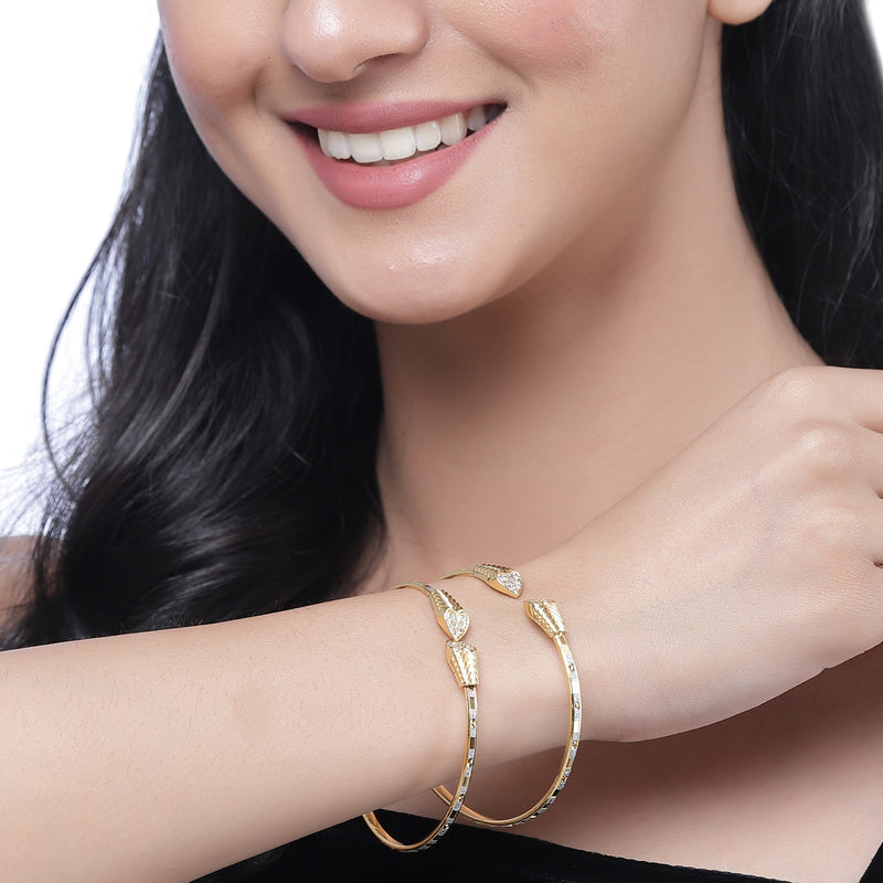 Gold-Plated Heart Shaped White American Diamond studded Bangle Bracelets (Set Of 2)