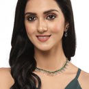 Rhodium-Plated Silver Toned Rectangle Green American Diamond Studded Necklace Earrings Jewellery Set